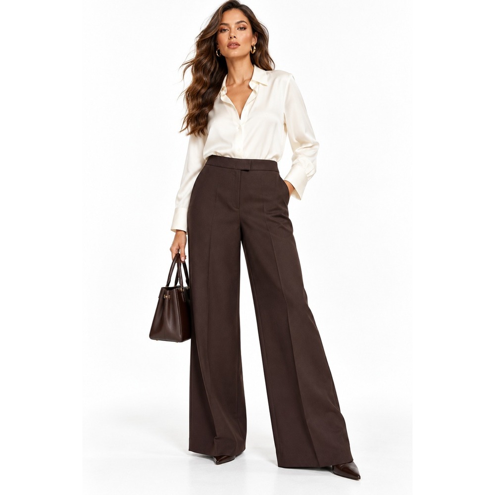 H&M Women Dark Brown Wide Leg Dress Pants Trousers Size 16 High Rise